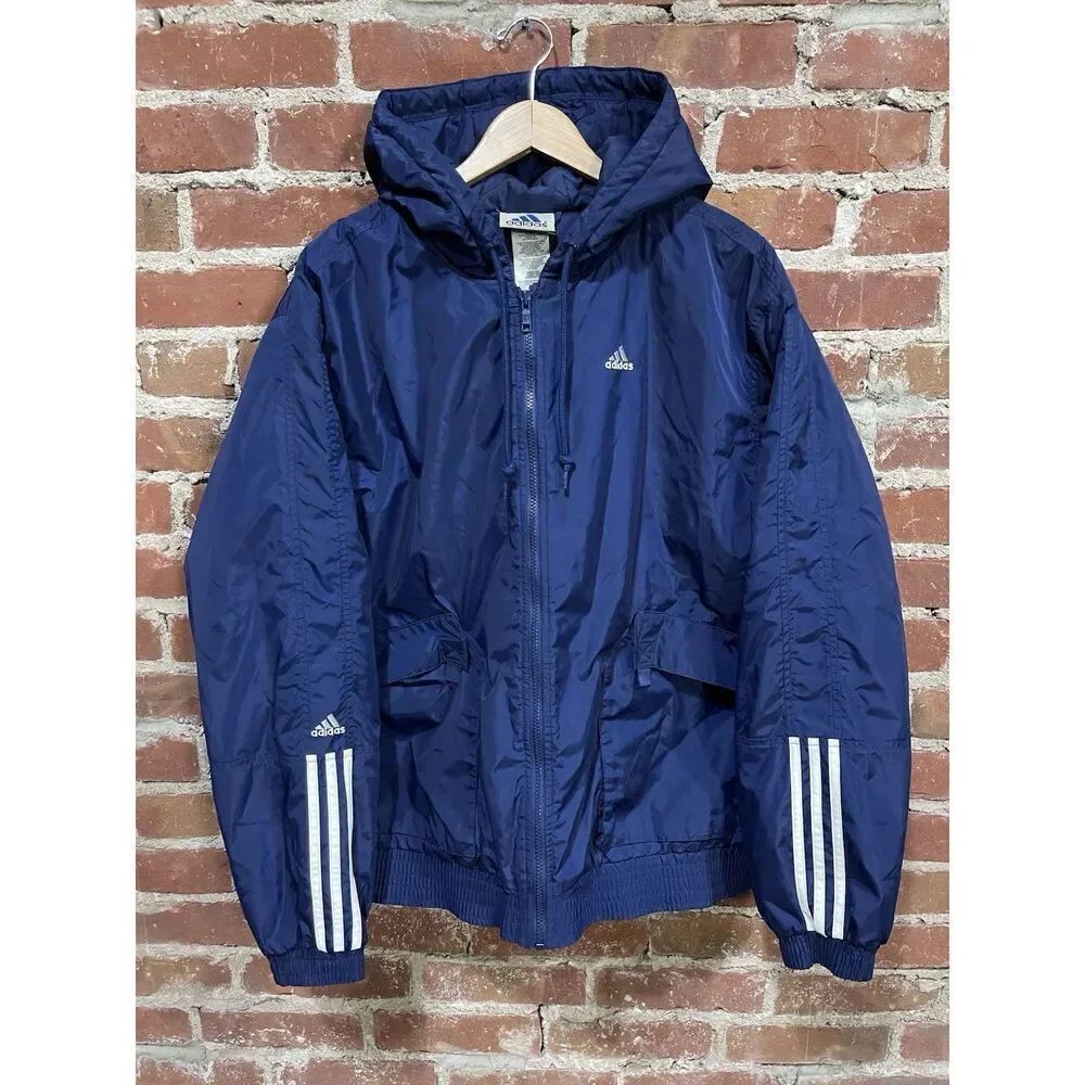 Rare Vintage ADIDAS Spell Out Striped Full Zip Hooded Jacket 90s Navy L